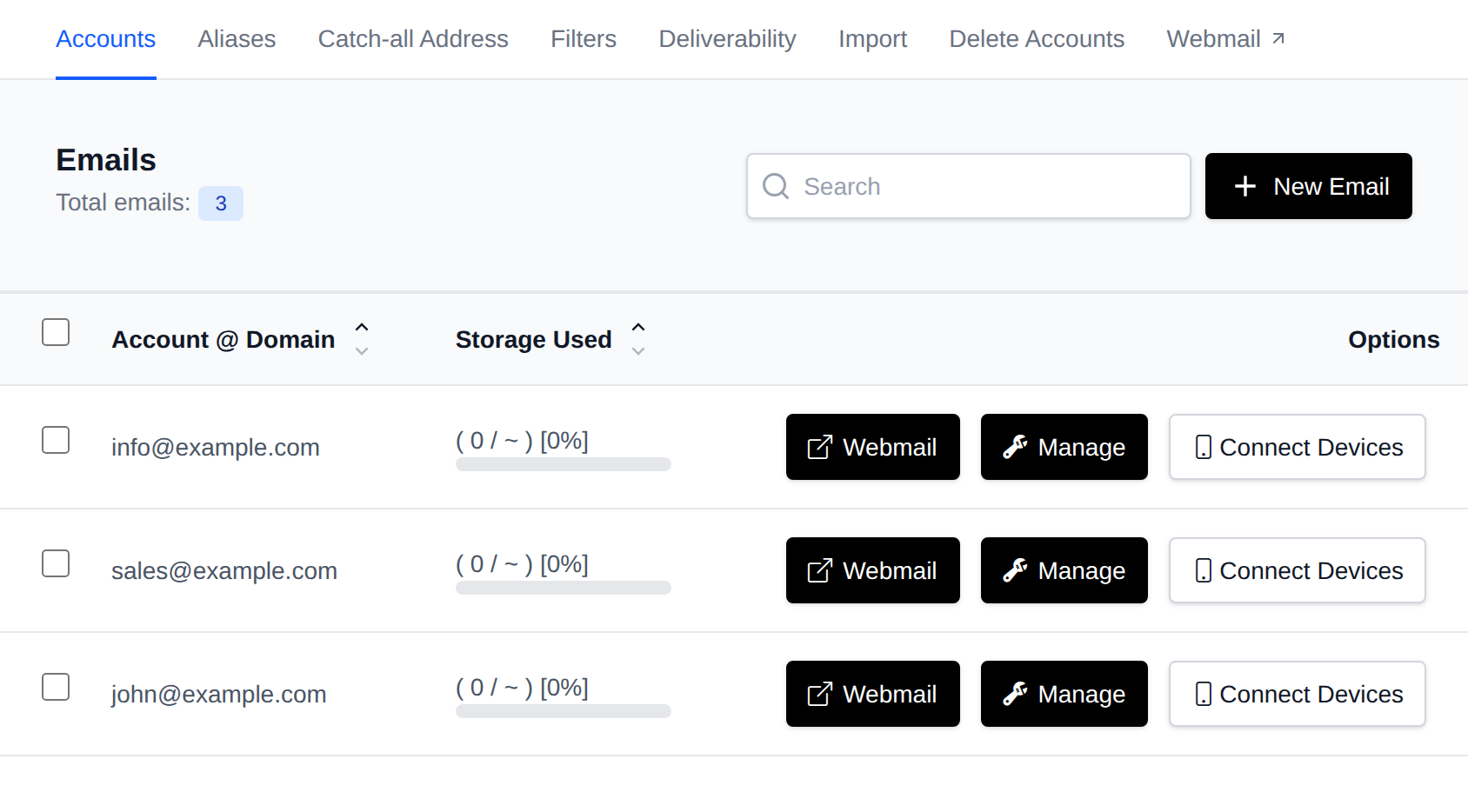 Email Accounts page listing mailboxes with their storage usage and the Webmail, Manage and Connect Devices buttons