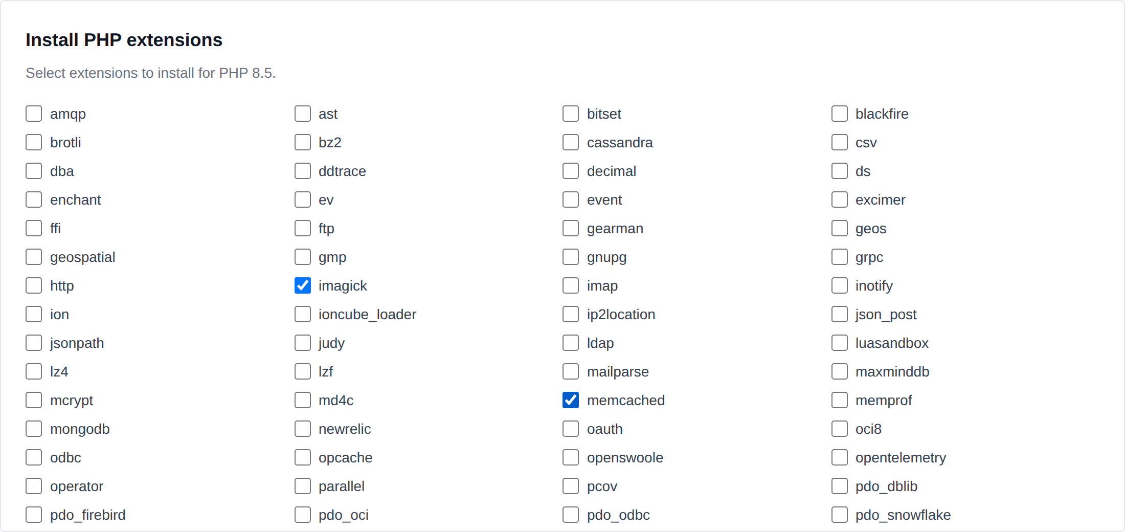 Install PHP extensions dialog with checkboxes for the extensions that can be installed, imagick and memcached selected