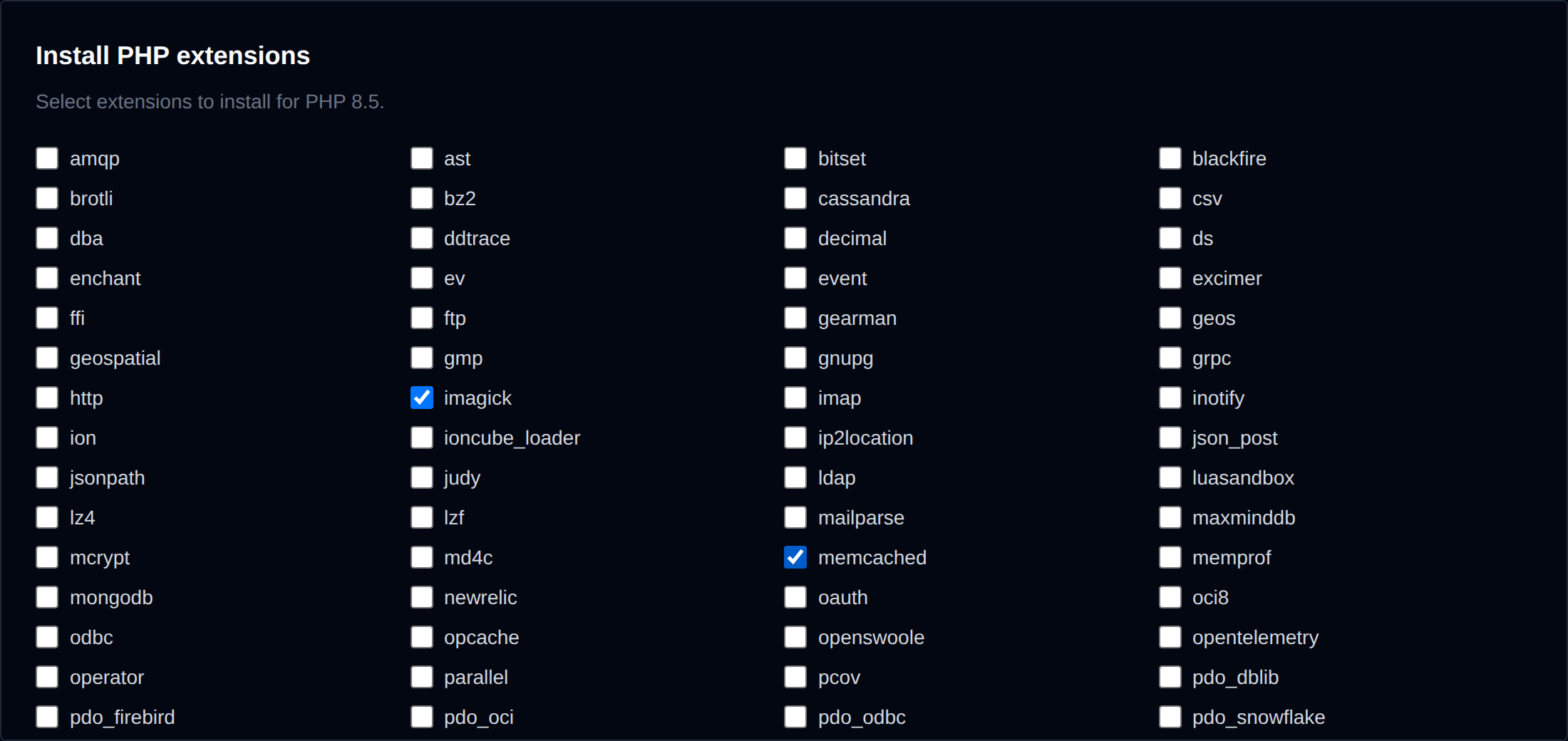 Install PHP extensions dialog with checkboxes for the extensions that can be installed, imagick and memcached selected