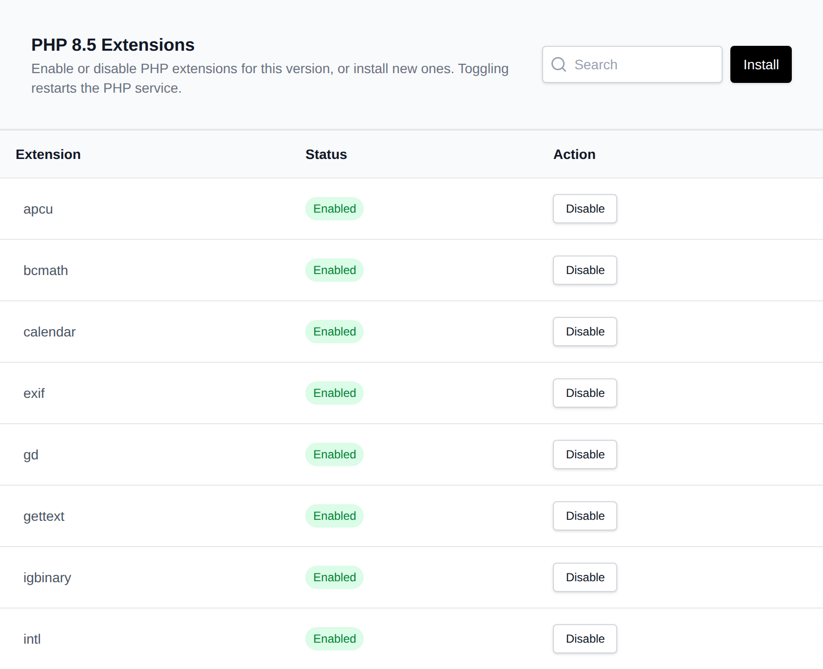 PHP 8.5 Extensions page listing extensions with their status and Enable or Disable buttons