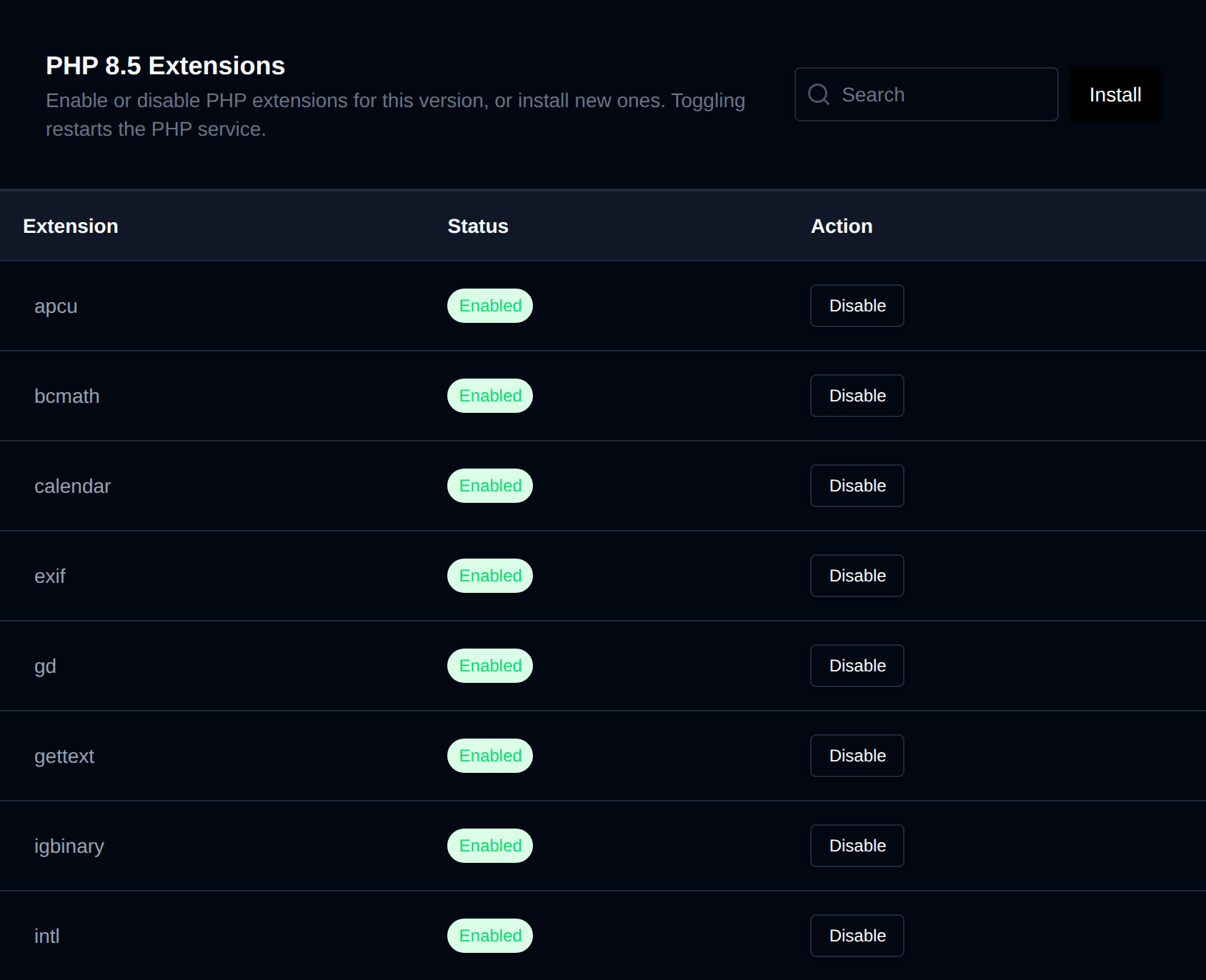 PHP 8.5 Extensions page listing extensions with their status and Enable or Disable buttons