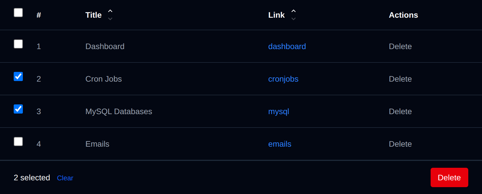 Two favorites selected with the bulk actions bar offering Delete