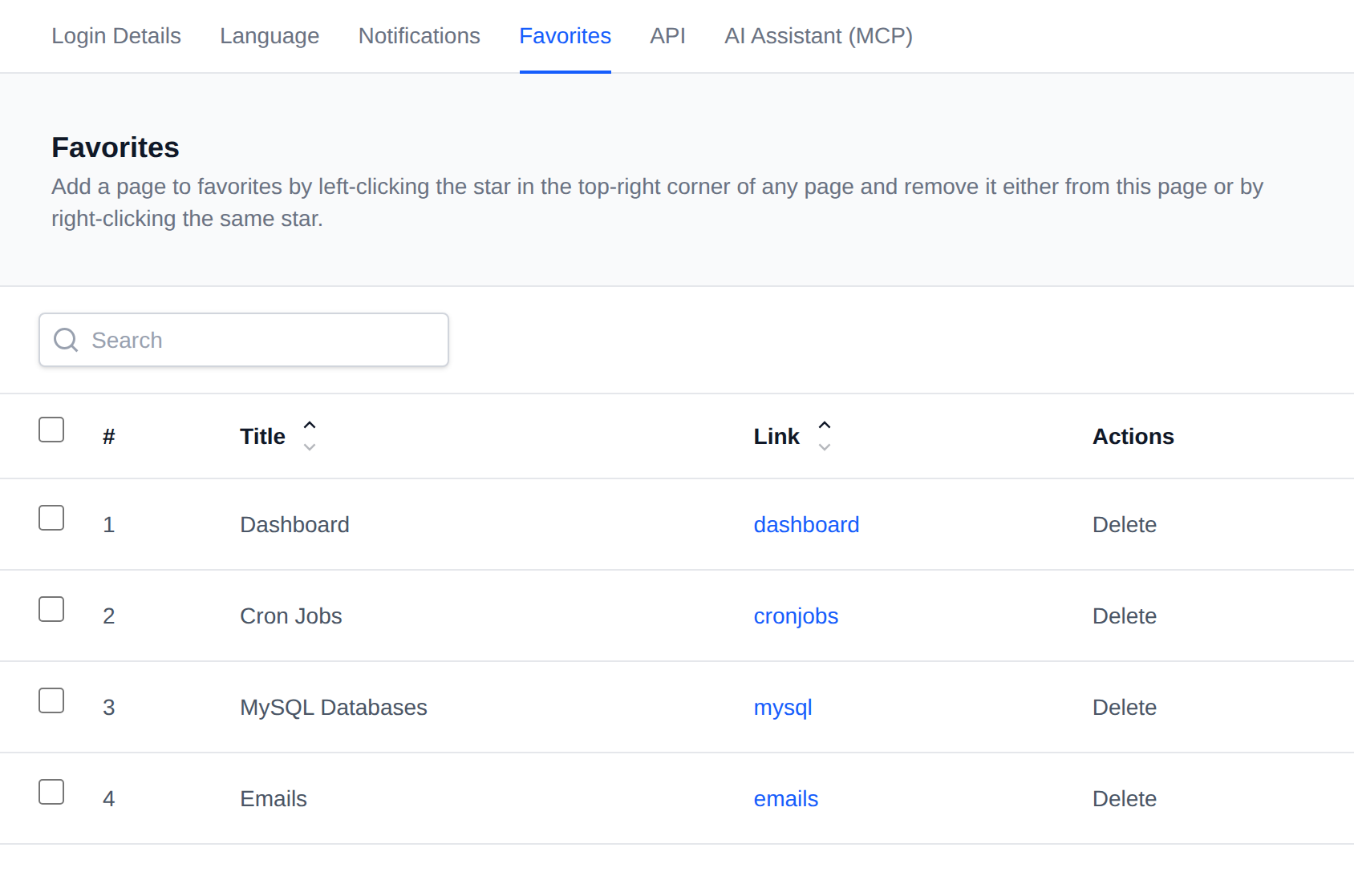 Favorites table listing saved pages with their title, link and a Delete action