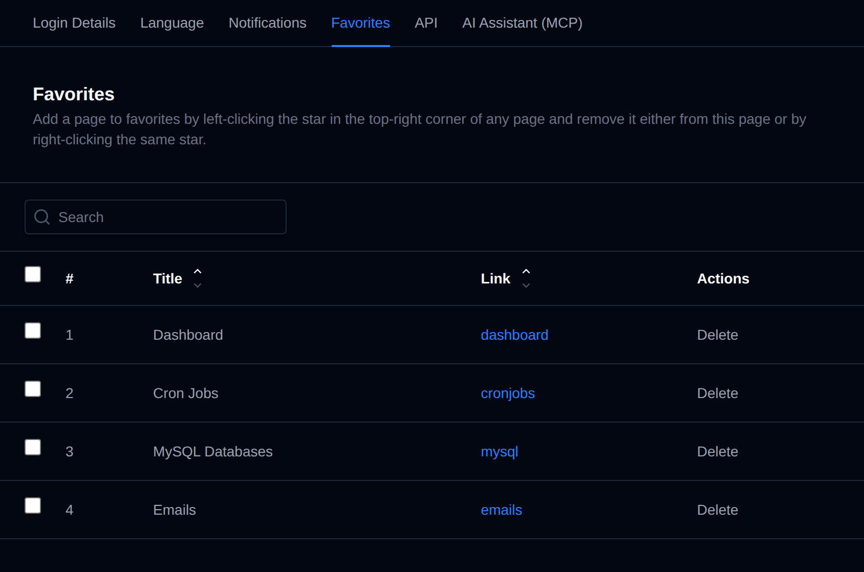 Favorites table listing saved pages with their title, link and a Delete action