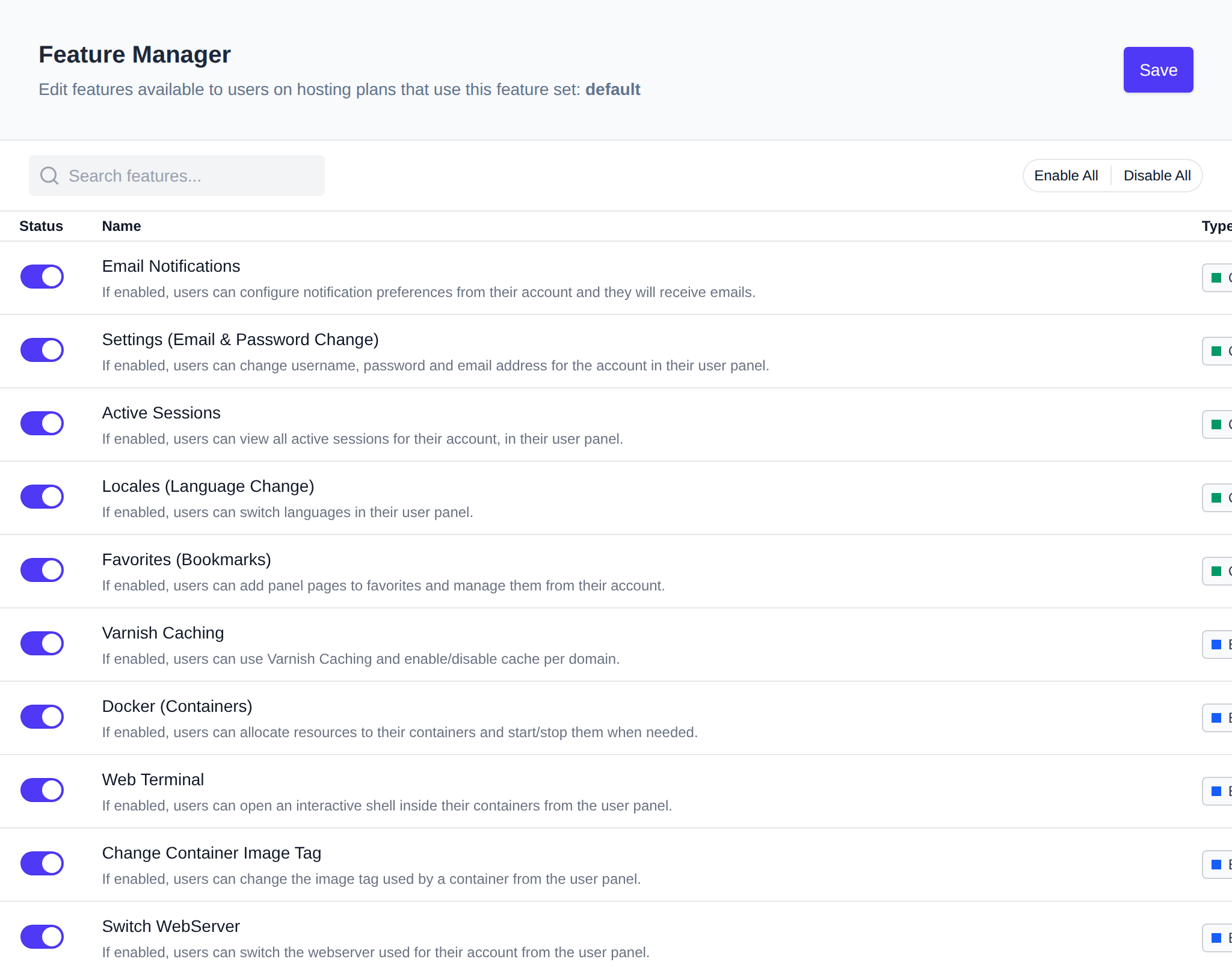 Feature set edit page listing features with a toggle, name, description and type, and the Enable All, Disable All and Save buttons