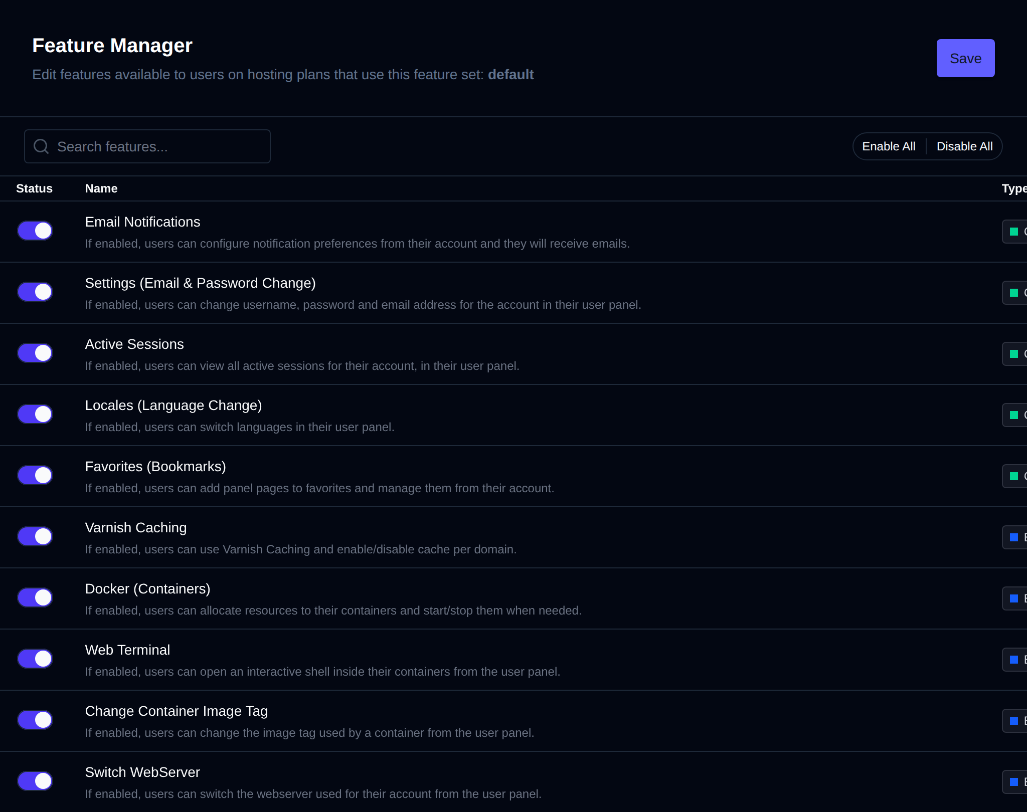 Feature set edit page listing features with a toggle, name, description and type, and the Enable All, Disable All and Save buttons