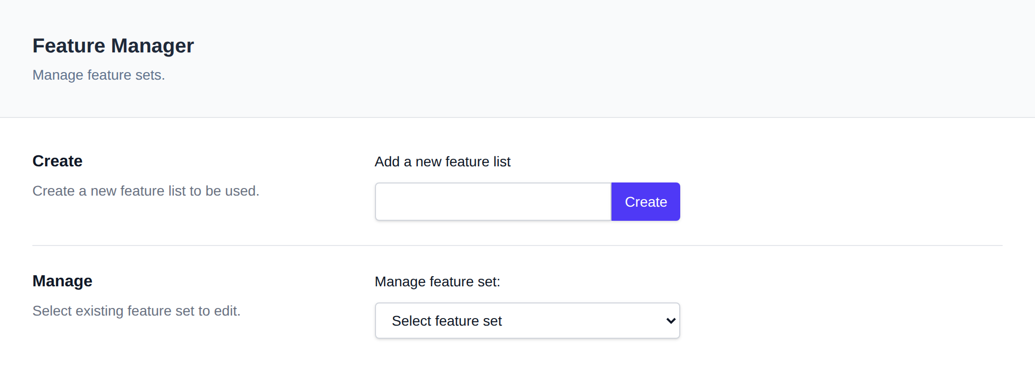 Feature Manager page with the Create and Manage sections