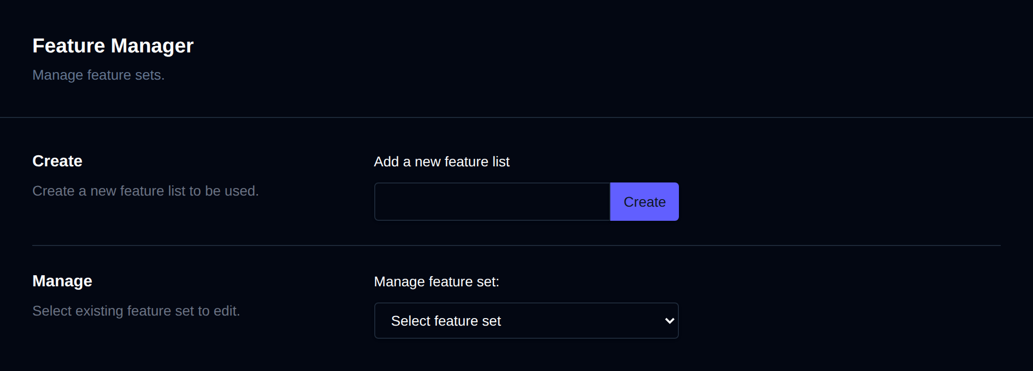 Feature Manager page with the Create and Manage sections