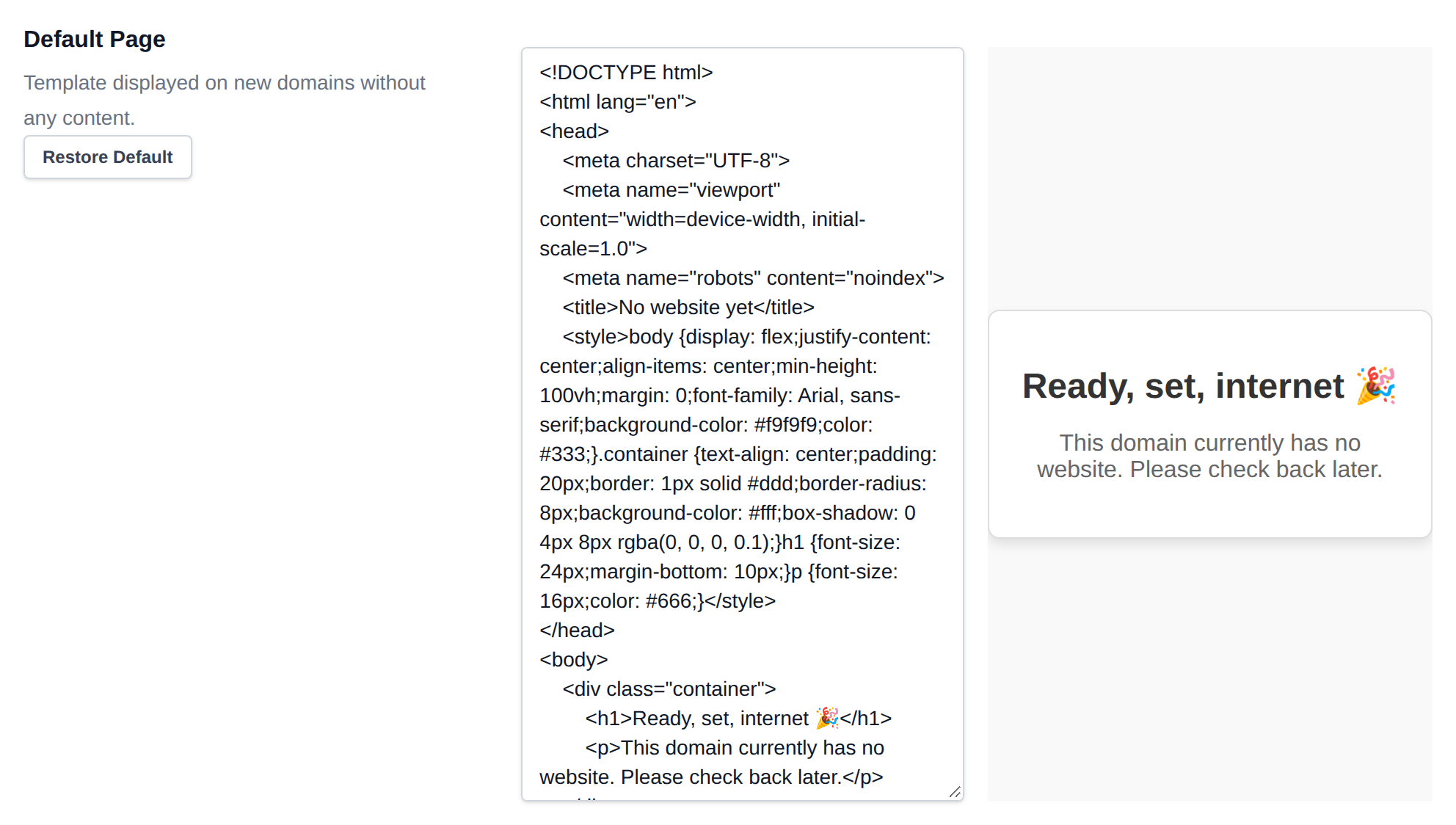 Default Page template editor with a live preview of the page shown on new domains