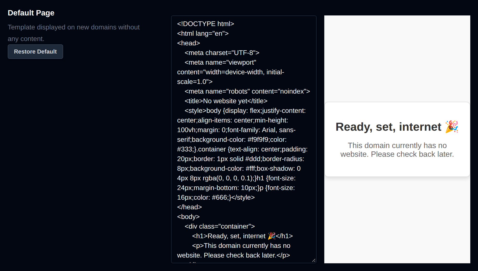 Default Page template editor with a live preview of the page shown on new domains