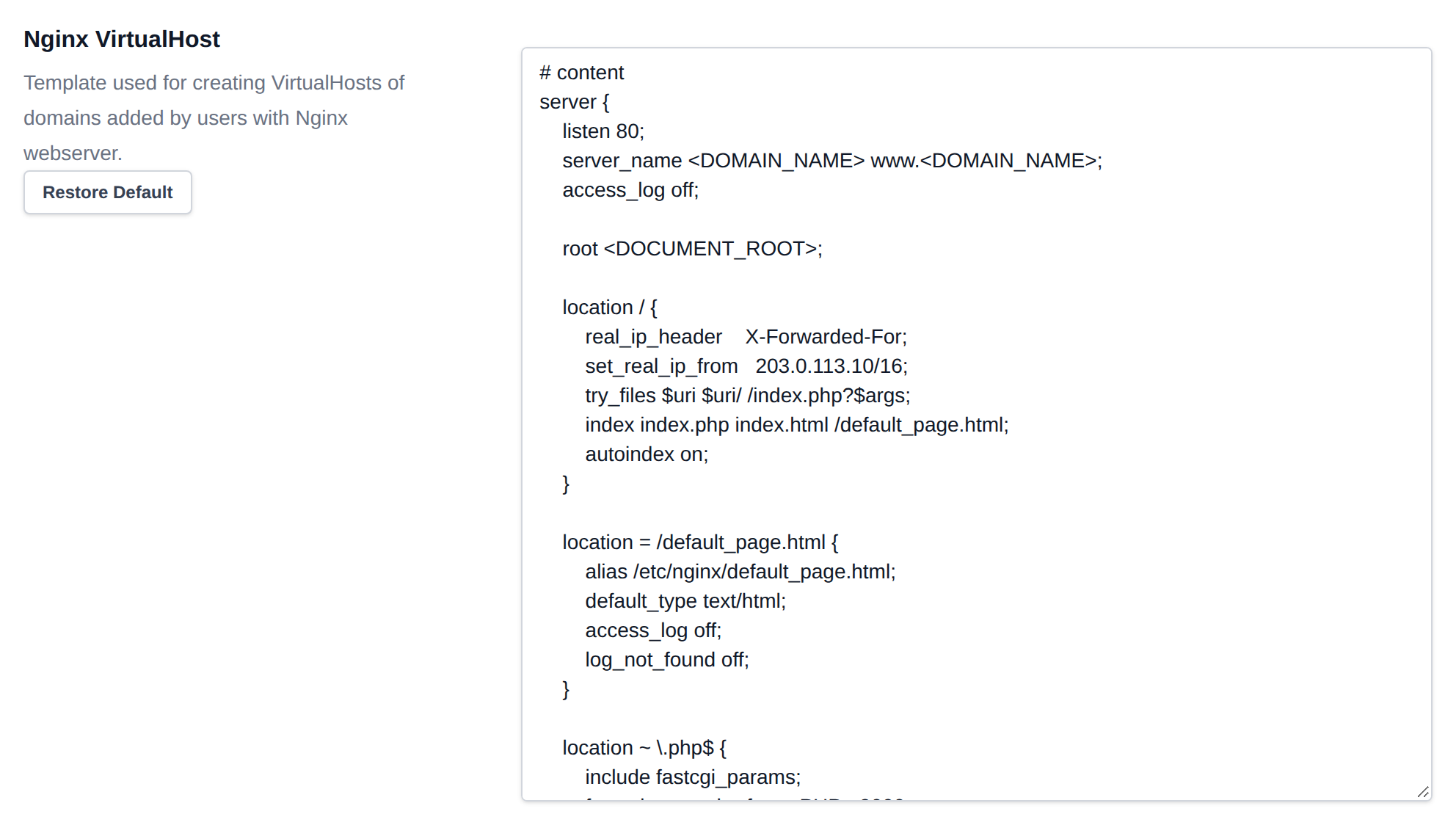 Nginx VirtualHost template editor