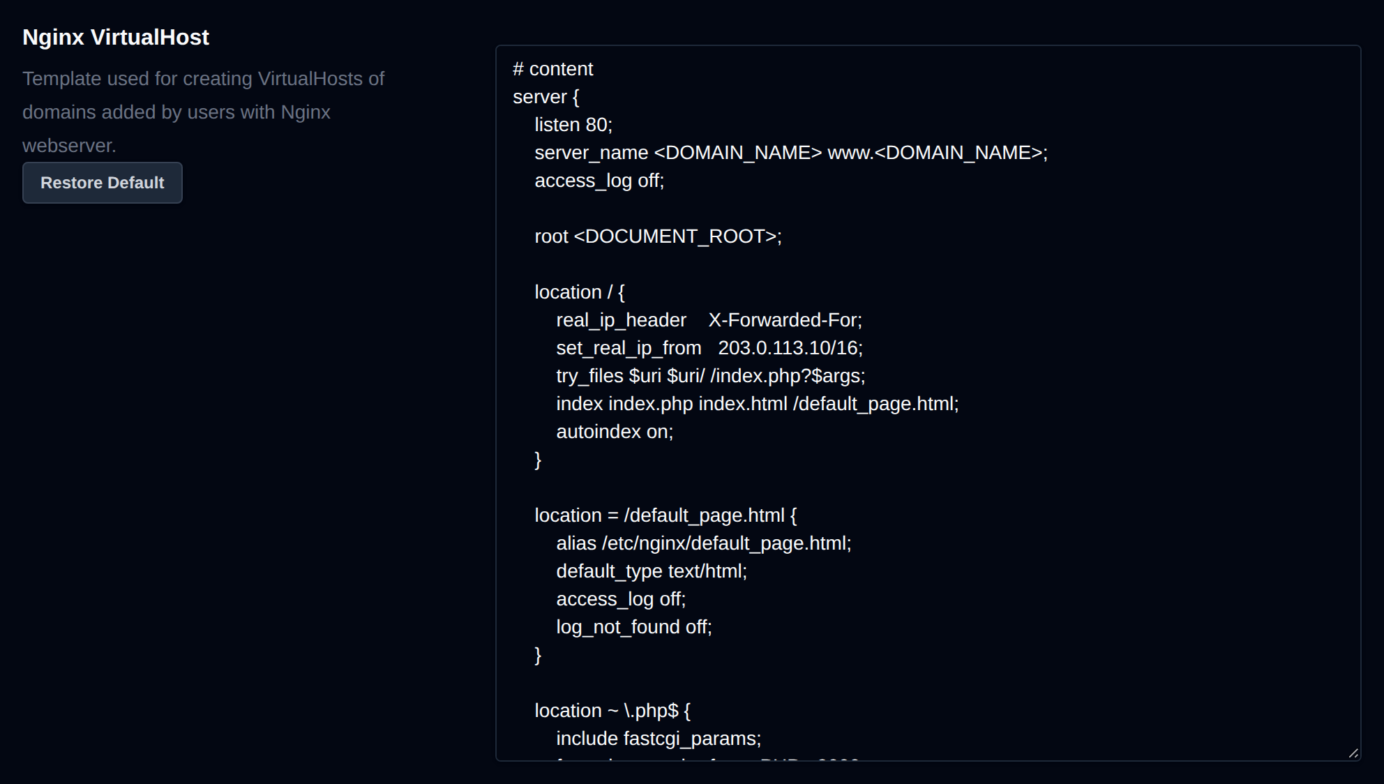 Nginx VirtualHost template editor