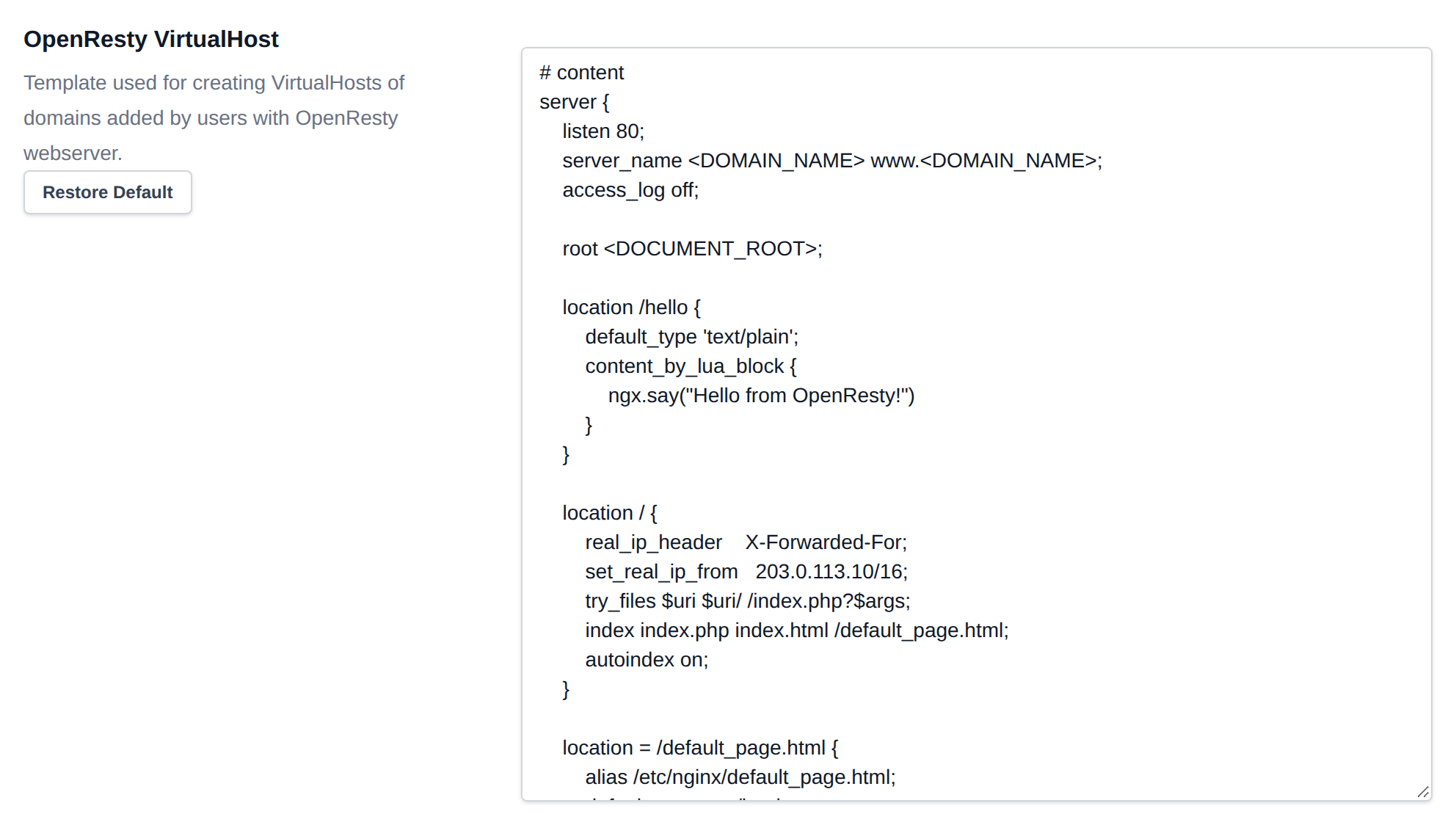 OpenResty VirtualHost template editor