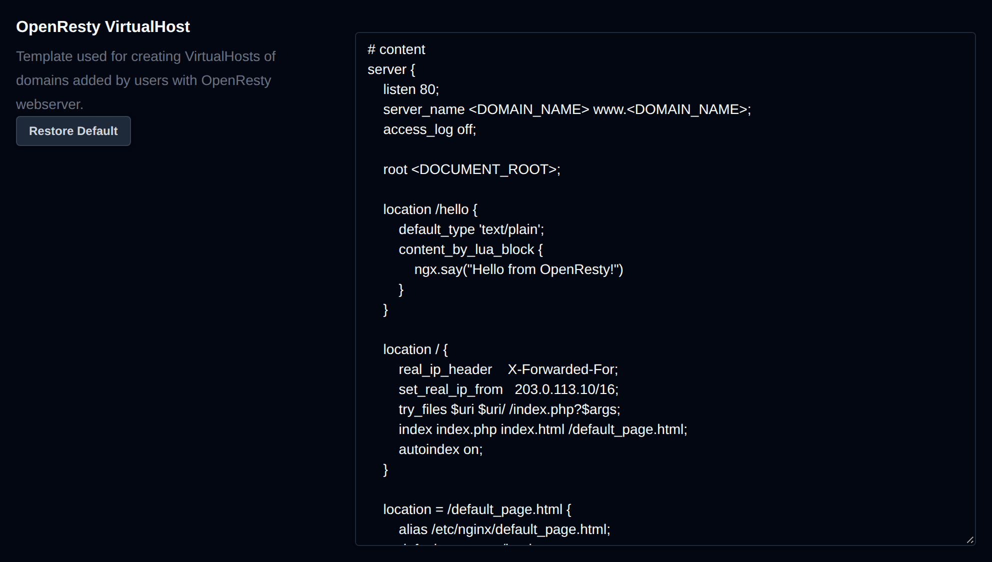 OpenResty VirtualHost template editor