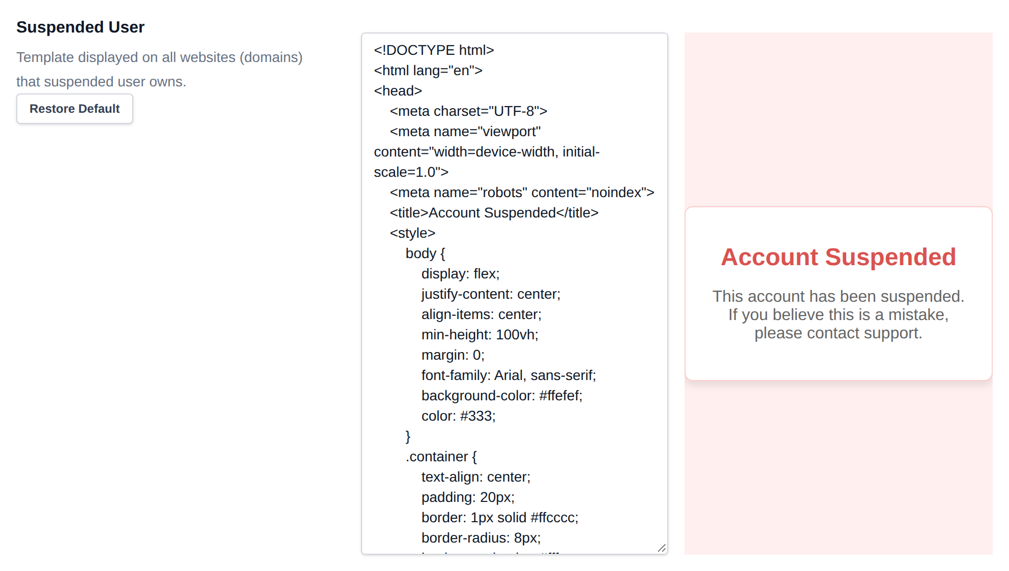 Suspended User template editor with a live preview