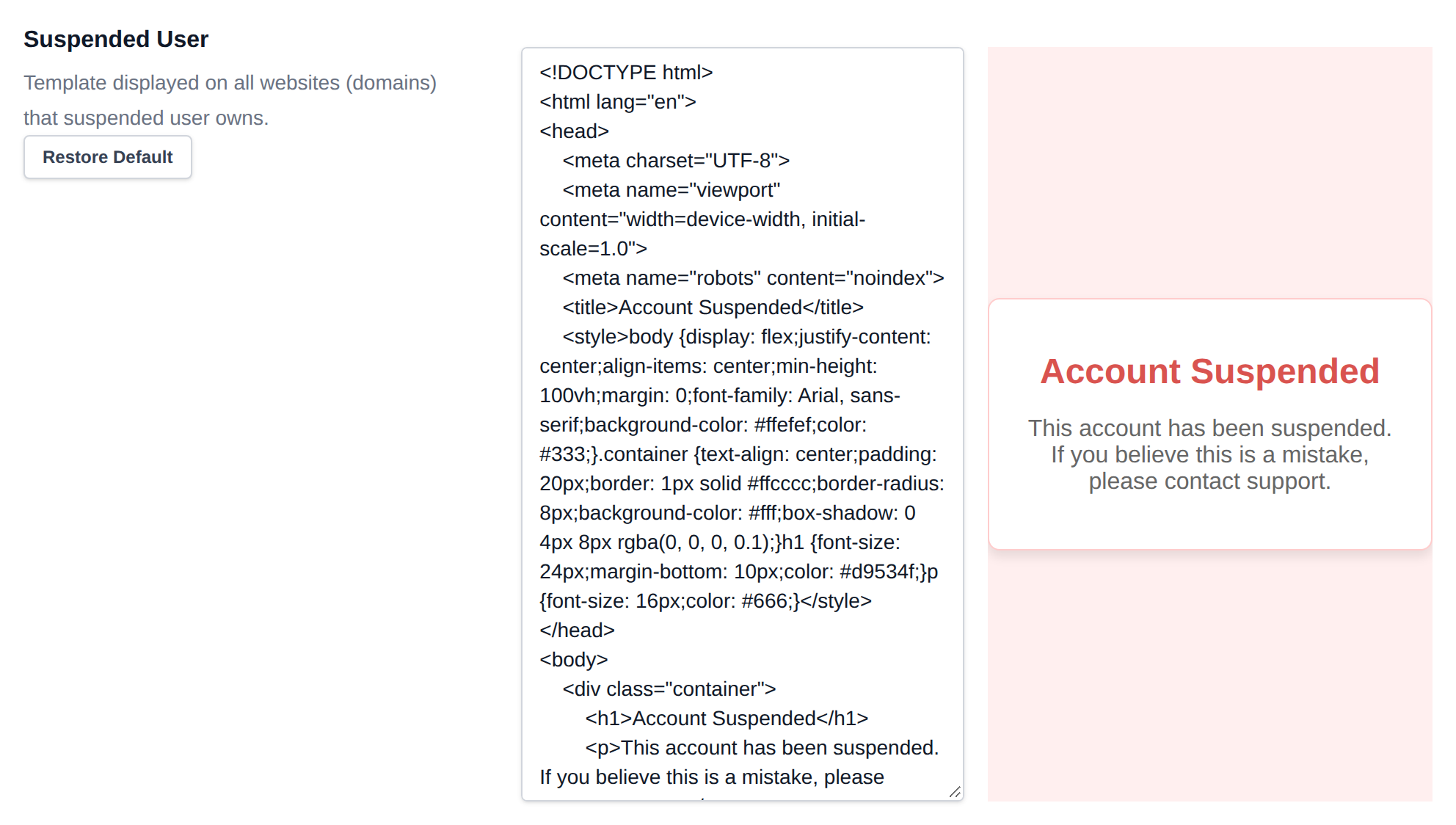 Suspended User template editor with a live preview