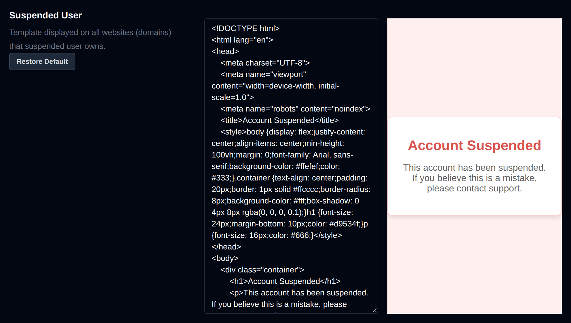 Suspended User template editor with a live preview