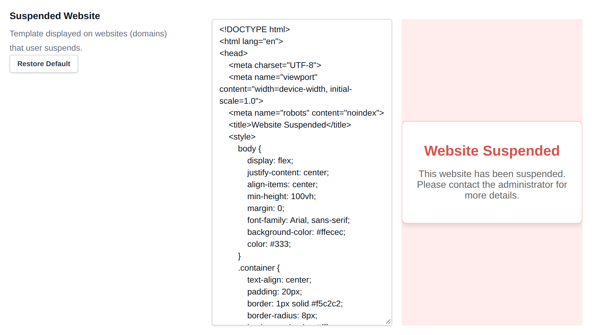 Suspended Website template editor with a live preview