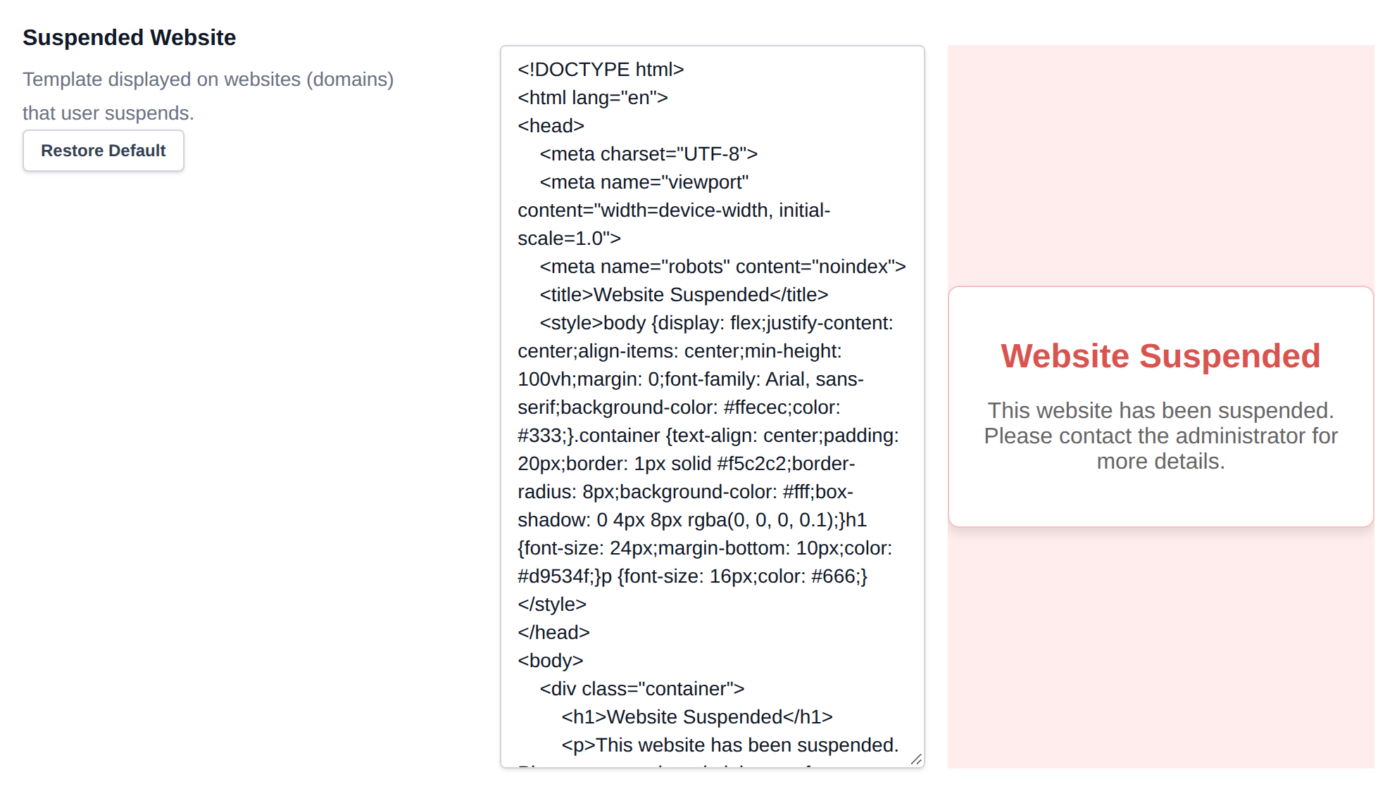 Suspended Website template editor with a live preview