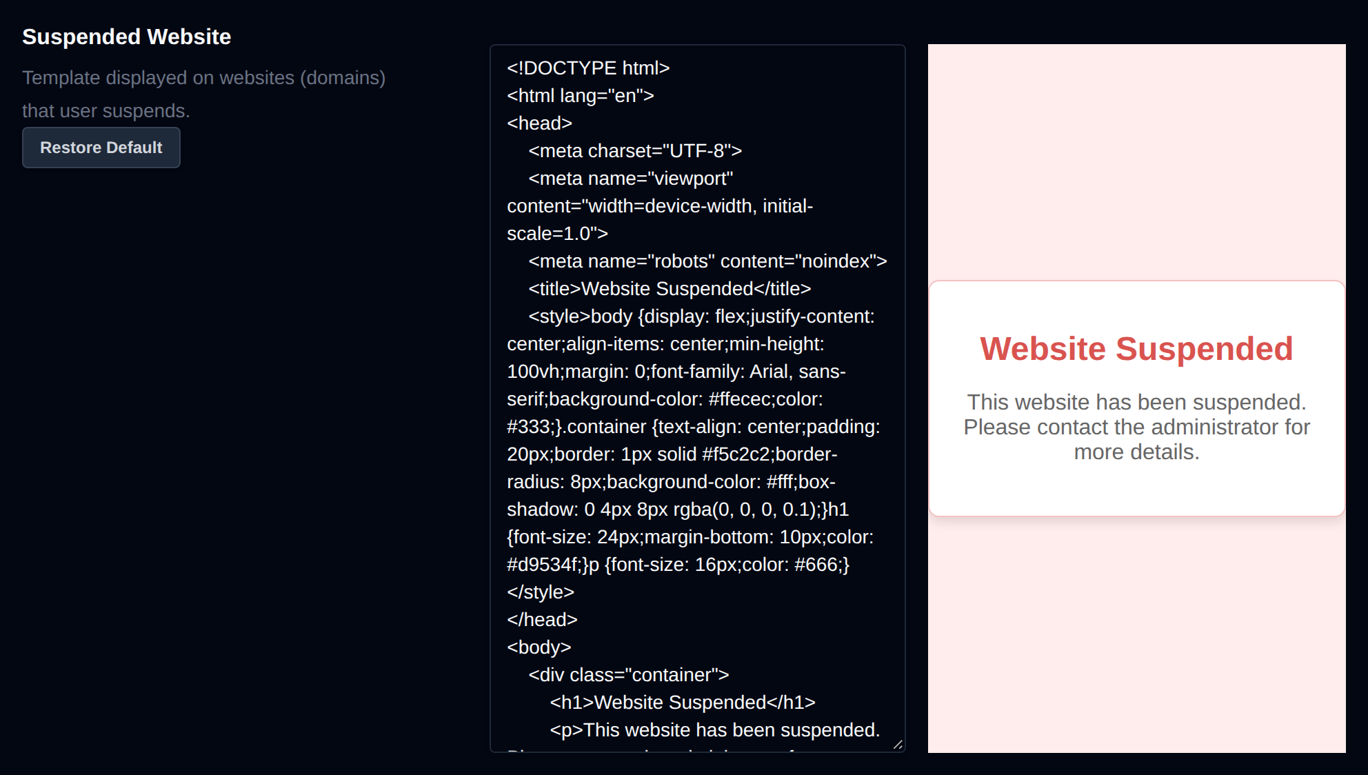 Suspended Website template editor with a live preview