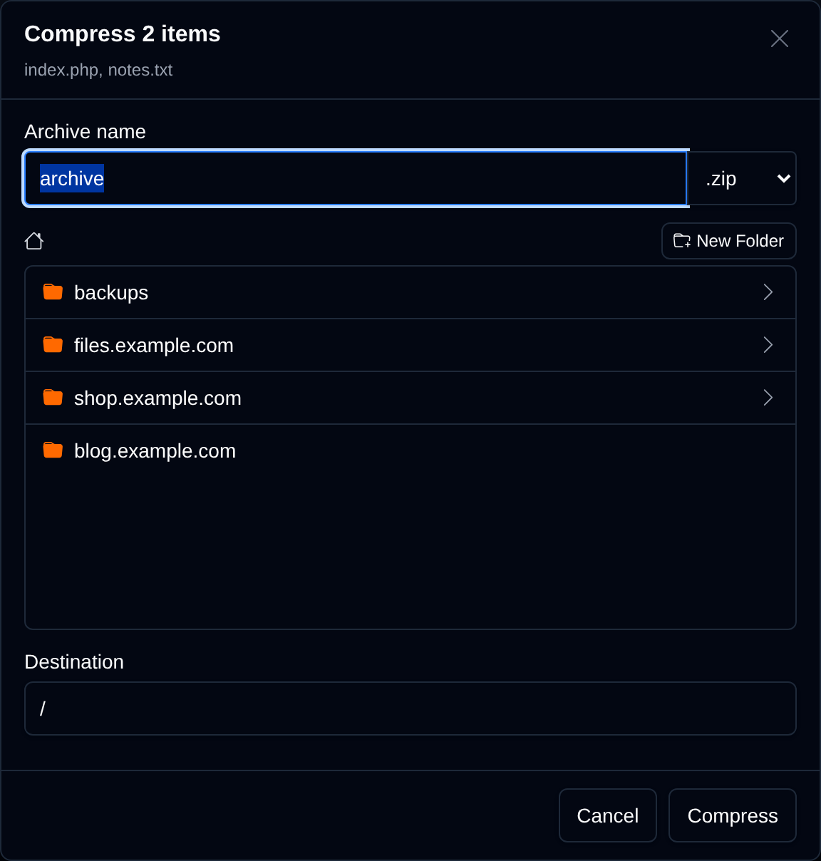 Compress dialog with the archive name and format, a folder browser to pick where the archive is saved, and the Compress button