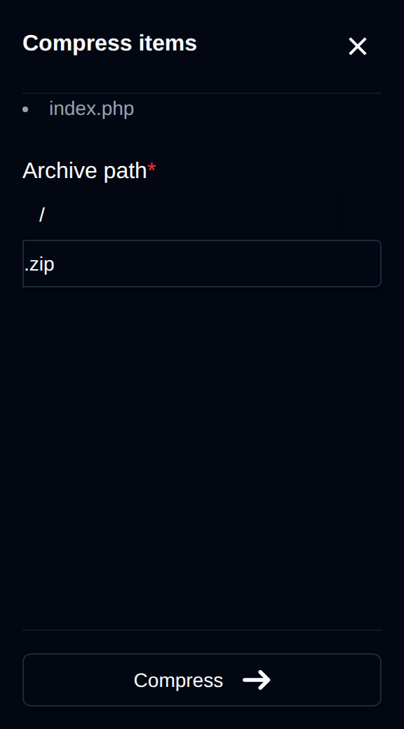 Compress items drawer listing the selected files and the archive path and extension