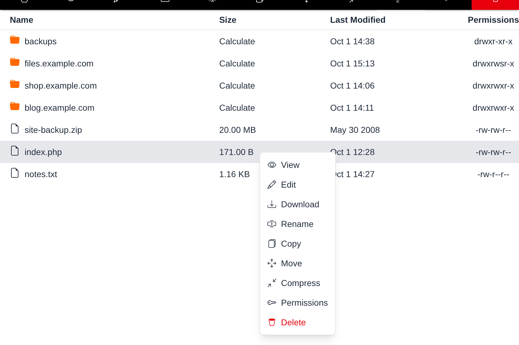 Right-click menu on a file with View, Edit, Download, Rename, Copy, Move, Compress, Permissions and Delete