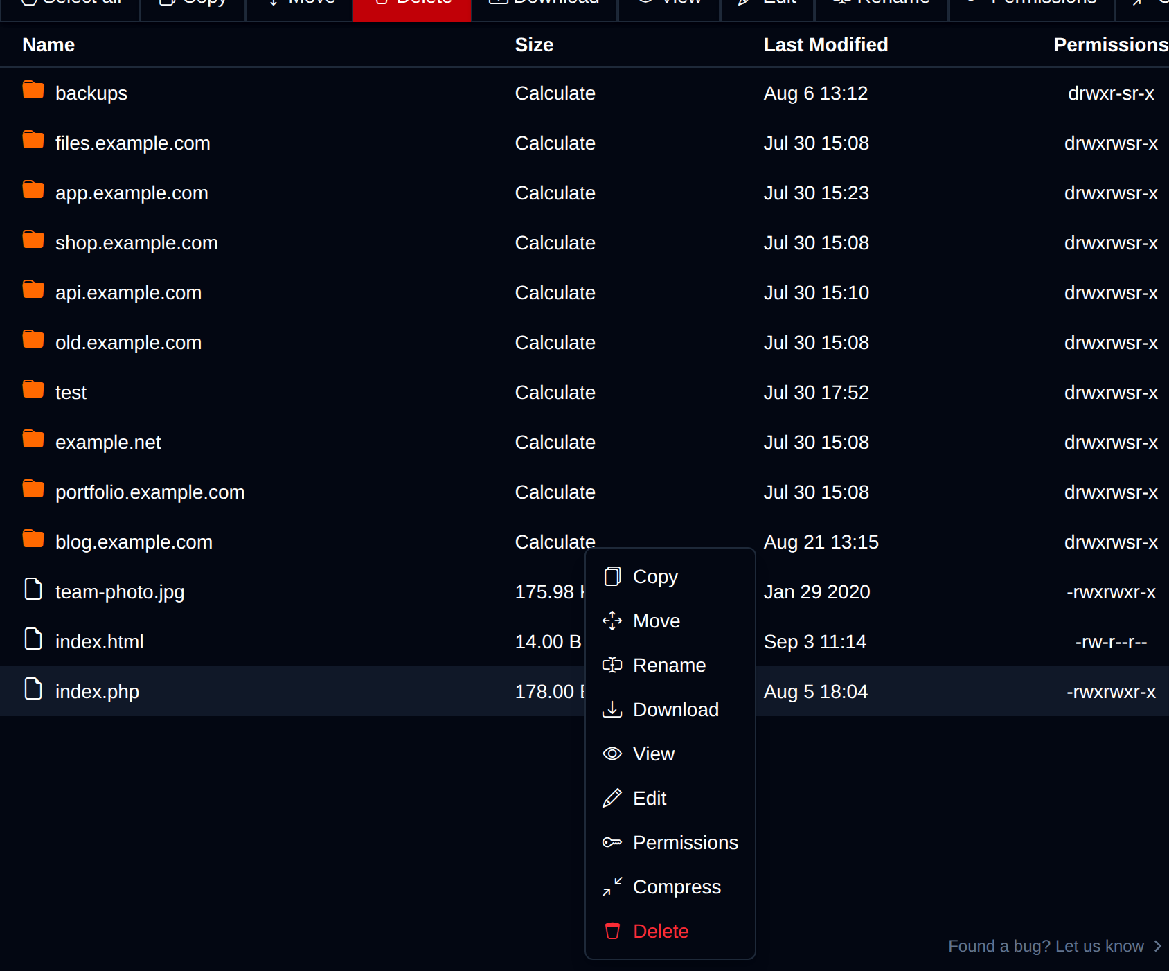 Right-click menu on a file with Copy, Move, Rename, Download, View, Edit, Permissions, Compress and Delete