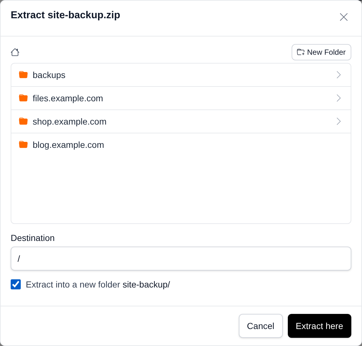 Extract dialog for an archive with the folder browser, the destination path and the option to extract into a new folder