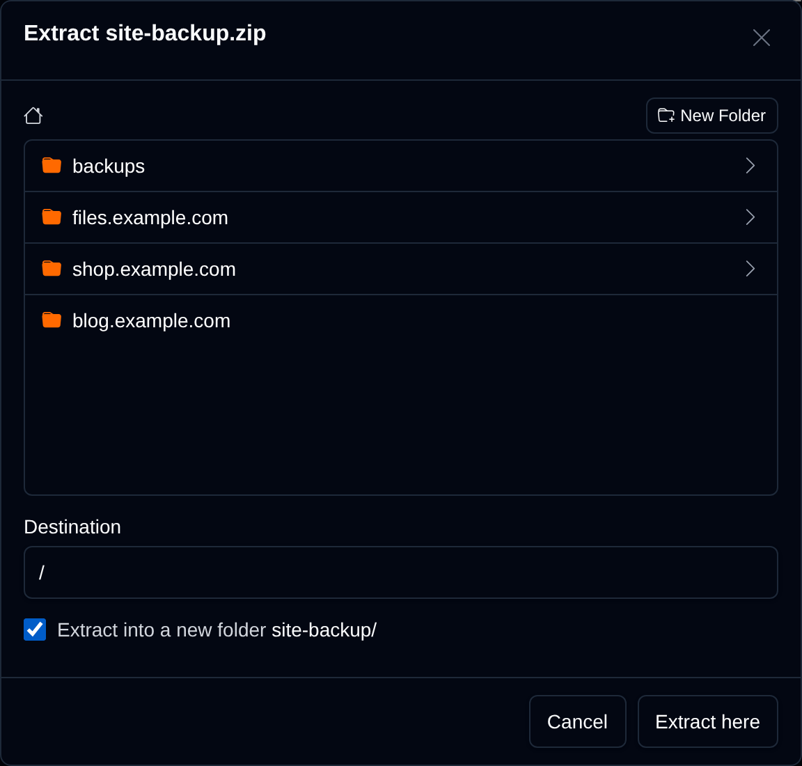 Extract dialog for an archive with the folder browser, the destination path and the option to extract into a new folder