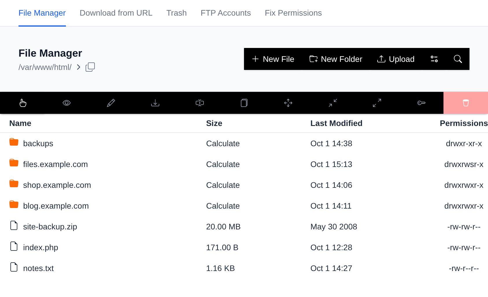File Manager listing the folders and files in /var/www/html with their size, modification date and permissions