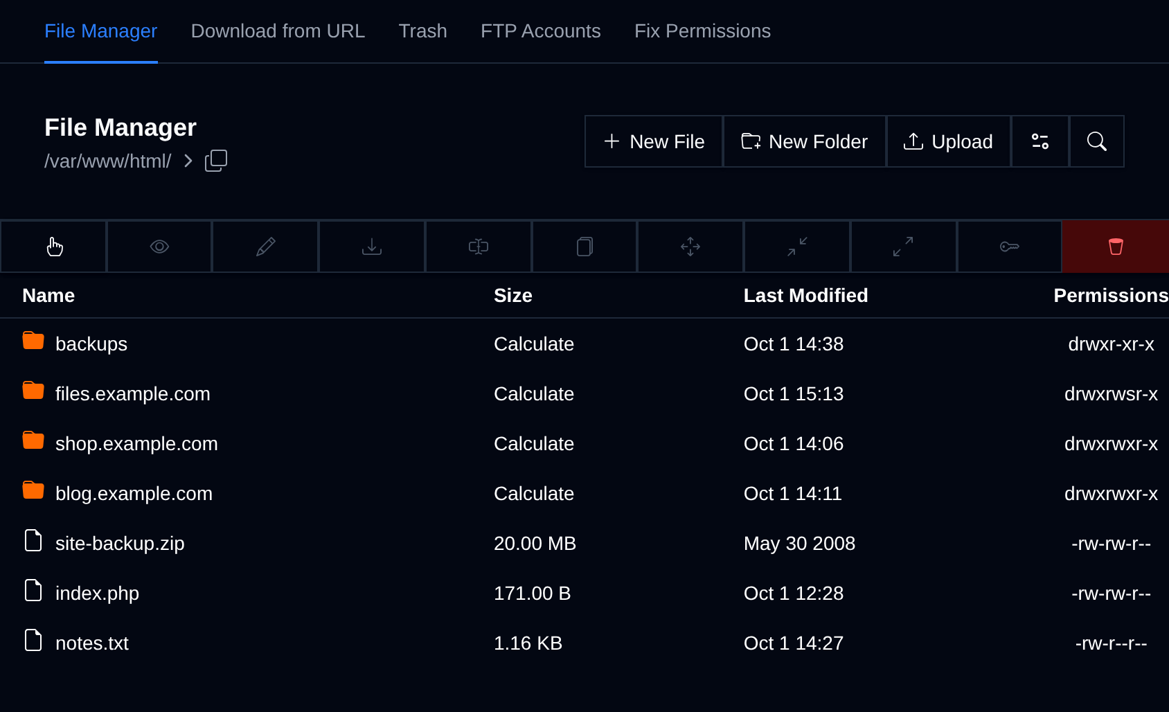 File Manager listing the folders and files in /var/www/html with their size, modification date and permissions