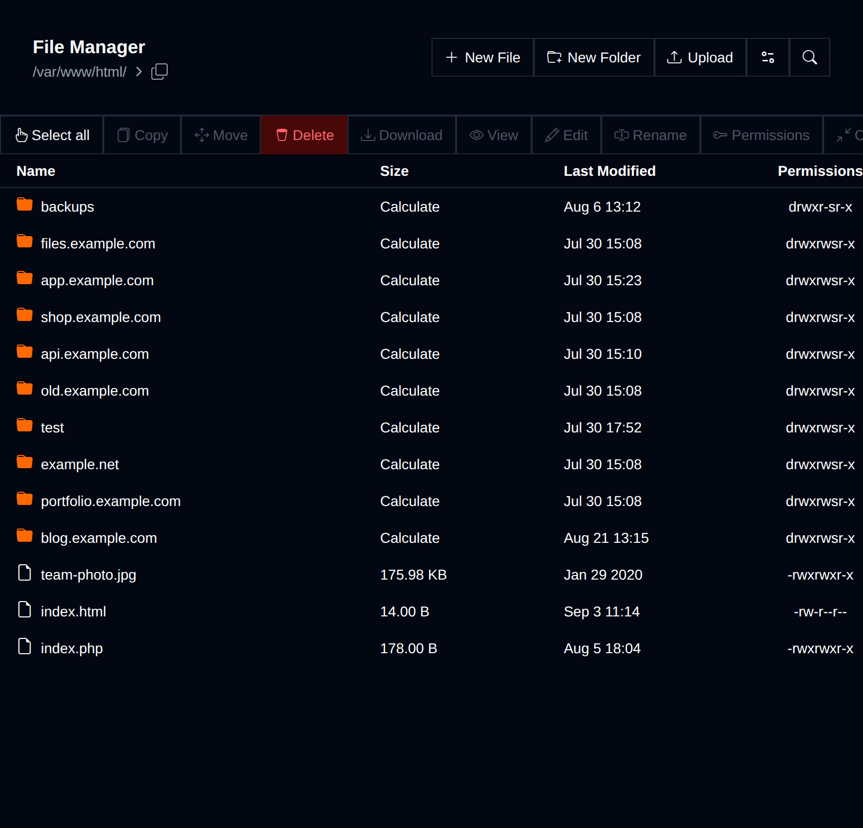 File Manager listing the folders and files in /var/www/html with their size, modification date and permissions