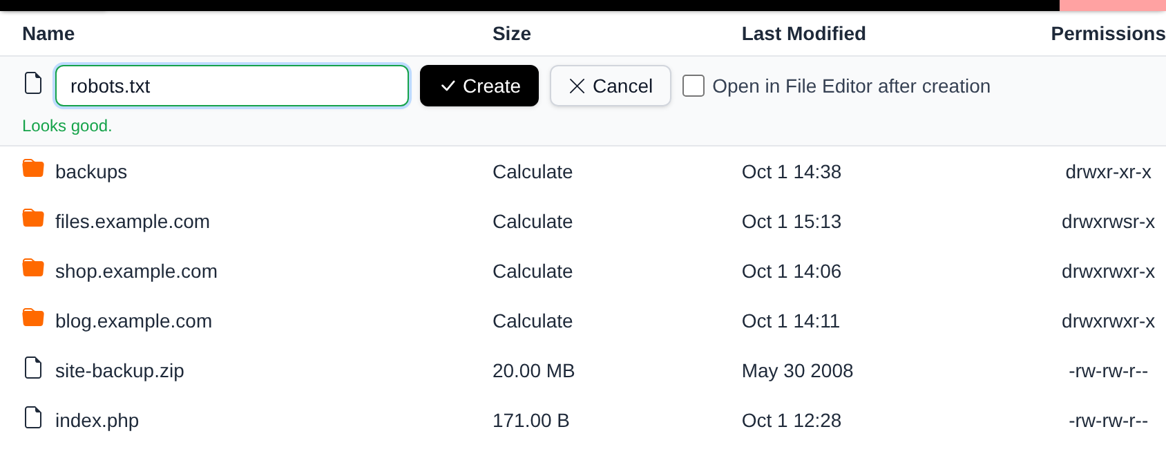 New file row at the top of the table with the file name typed in, the Open in File Editor checkbox, and the Create and Cancel buttons