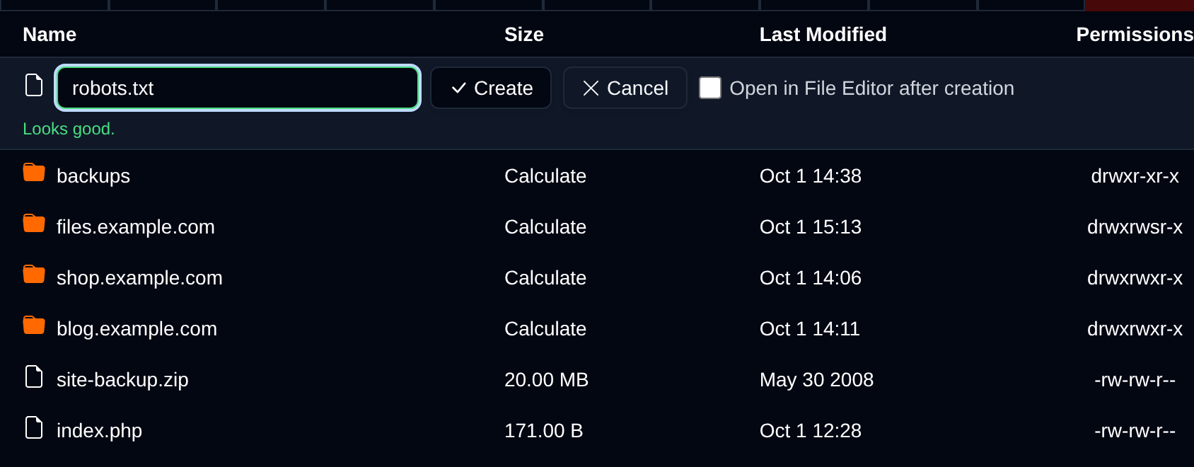 New file row at the top of the table with the file name typed in, the Open in File Editor checkbox, and the Create and Cancel buttons