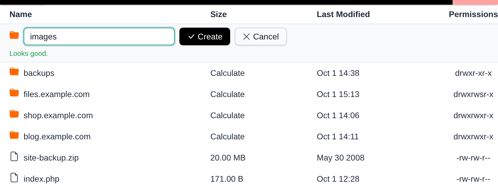 New folder row at the top of the table with the folder name typed in and the Create and Cancel buttons