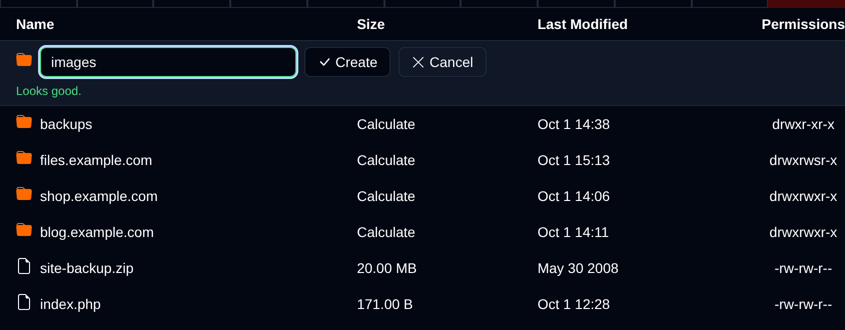 New folder row at the top of the table with the folder name typed in and the Create and Cancel buttons