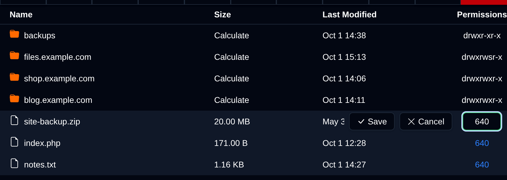 Permissions of three selected items being edited in place, the first row has the octal input with Save and Cancel and the other rows show the typed value