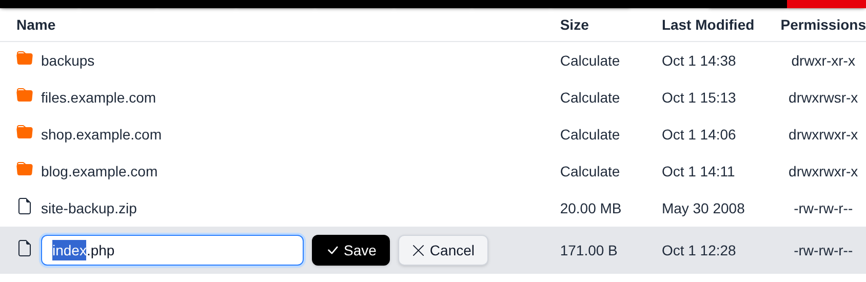 Name of the selected file turned into an input with Save and Cancel buttons for renaming it in place