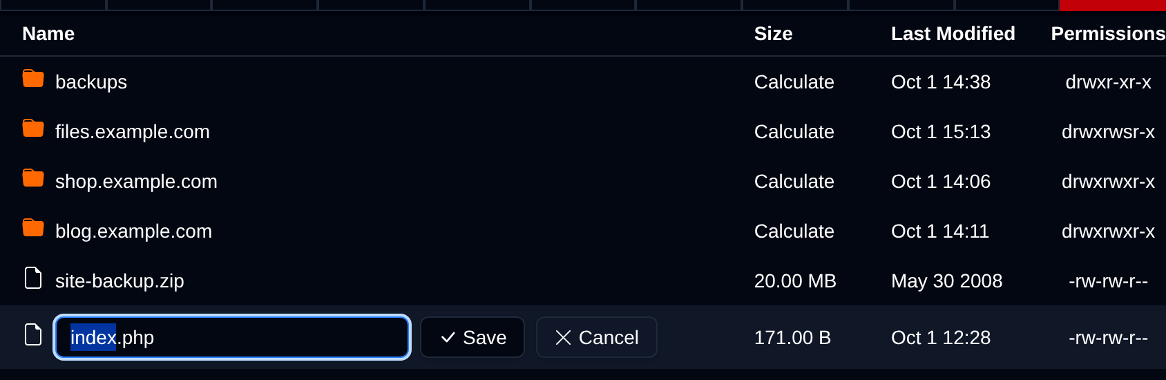 Name of the selected file turned into an input with Save and Cancel buttons for renaming it in place