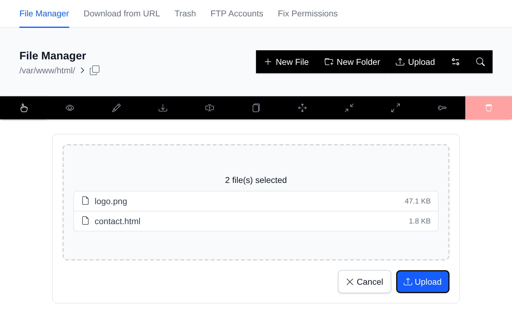 Upload area opened above the file list with two dropped files listed by name and size, waiting for the Upload button to be clicked