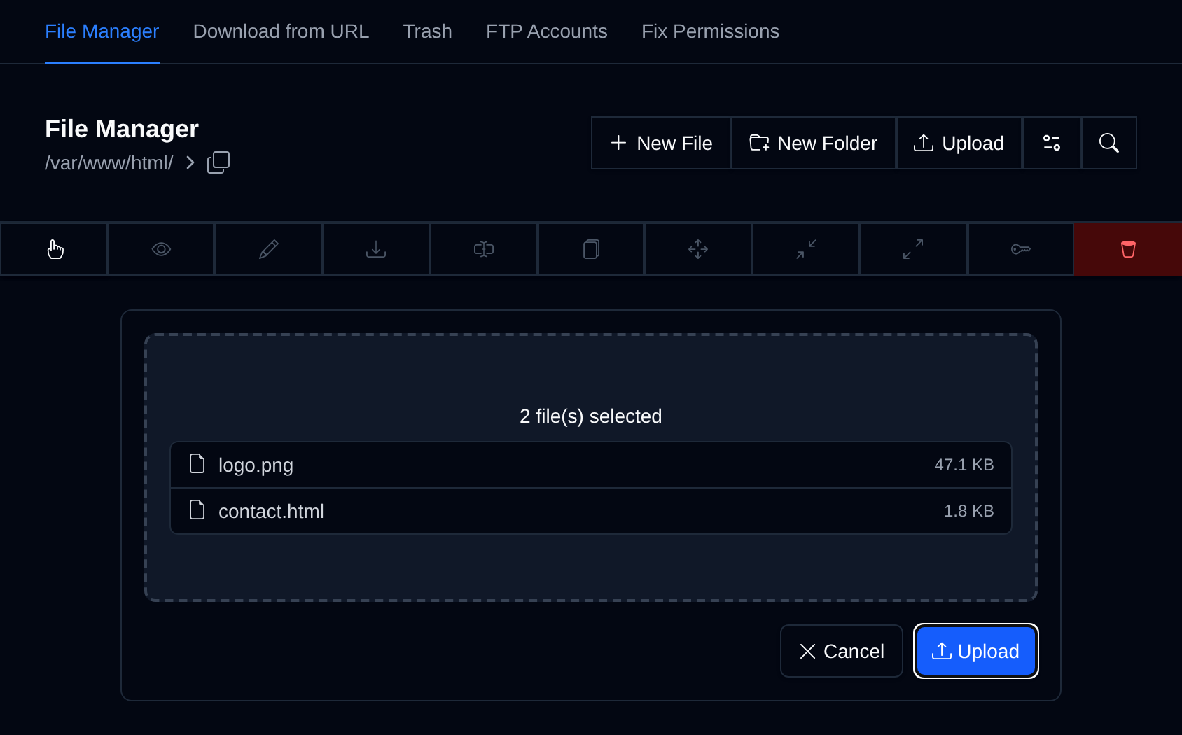 Upload area opened above the file list with two dropped files listed by name and size, waiting for the Upload button to be clicked