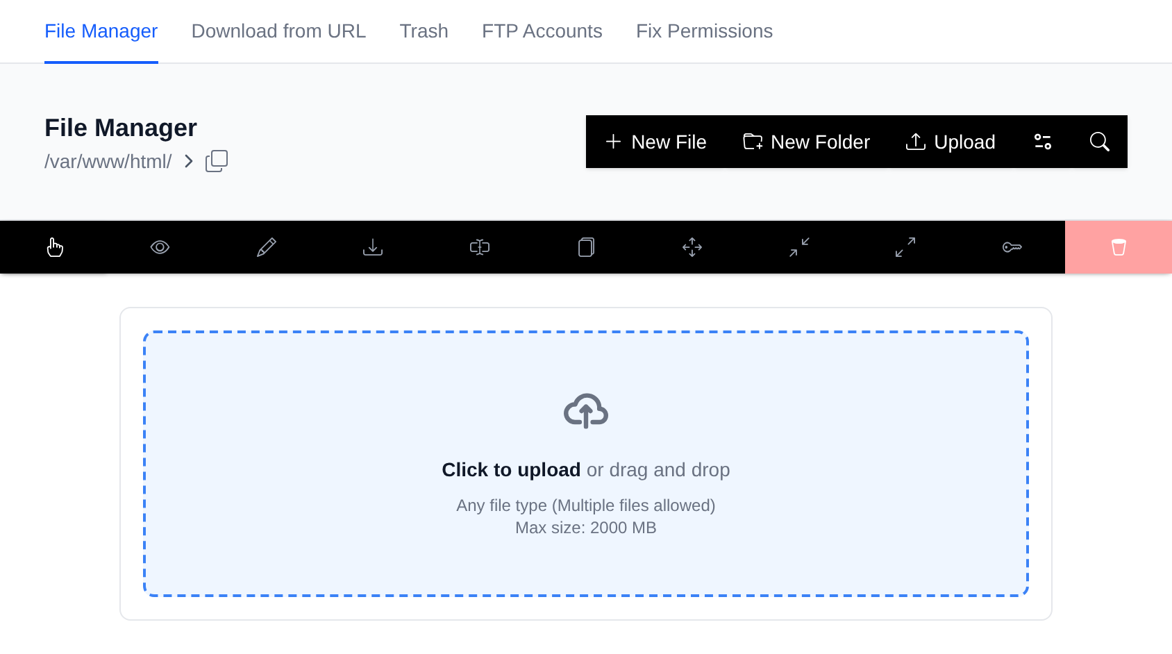 File Manager while dragging files over the page, with the drag and drop upload area shown above the file list