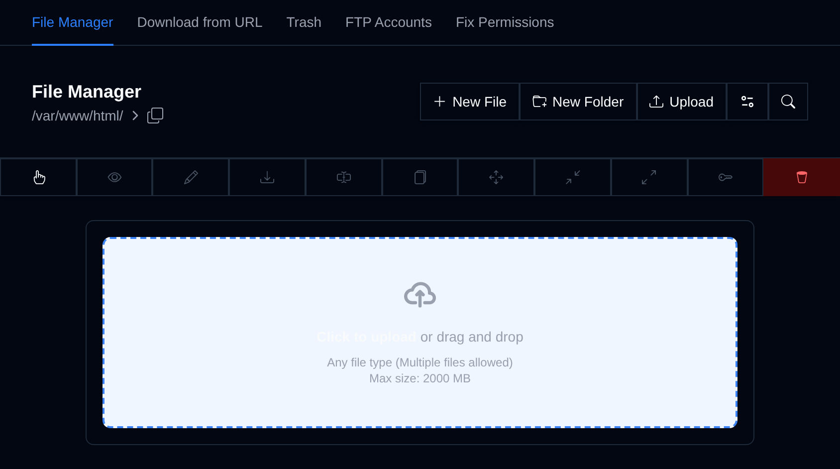 File Manager while dragging files over the page, with the drag and drop upload area shown above the file list