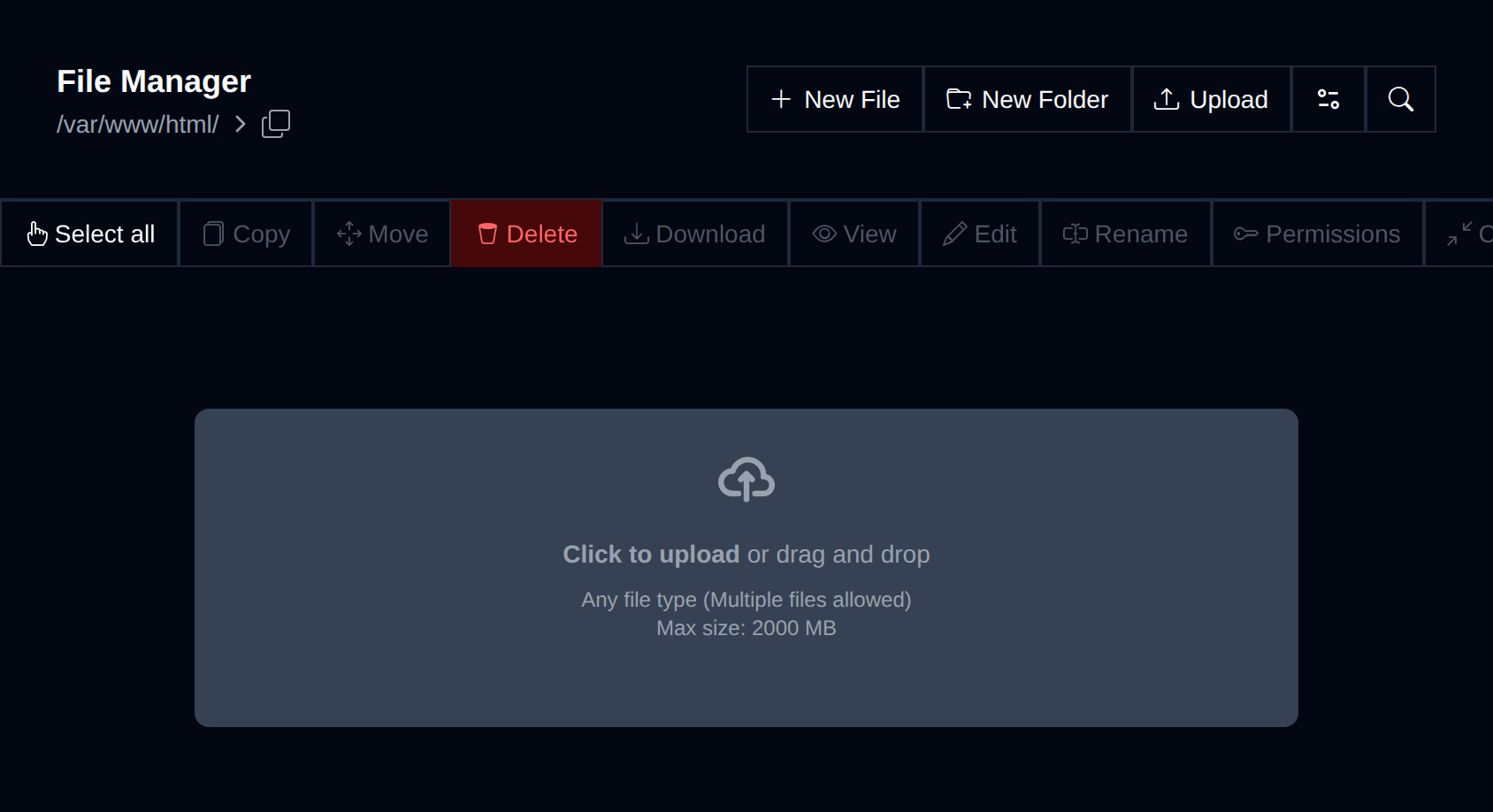 File Manager while dragging files over the page, with the drag and drop upload area shown above the file list