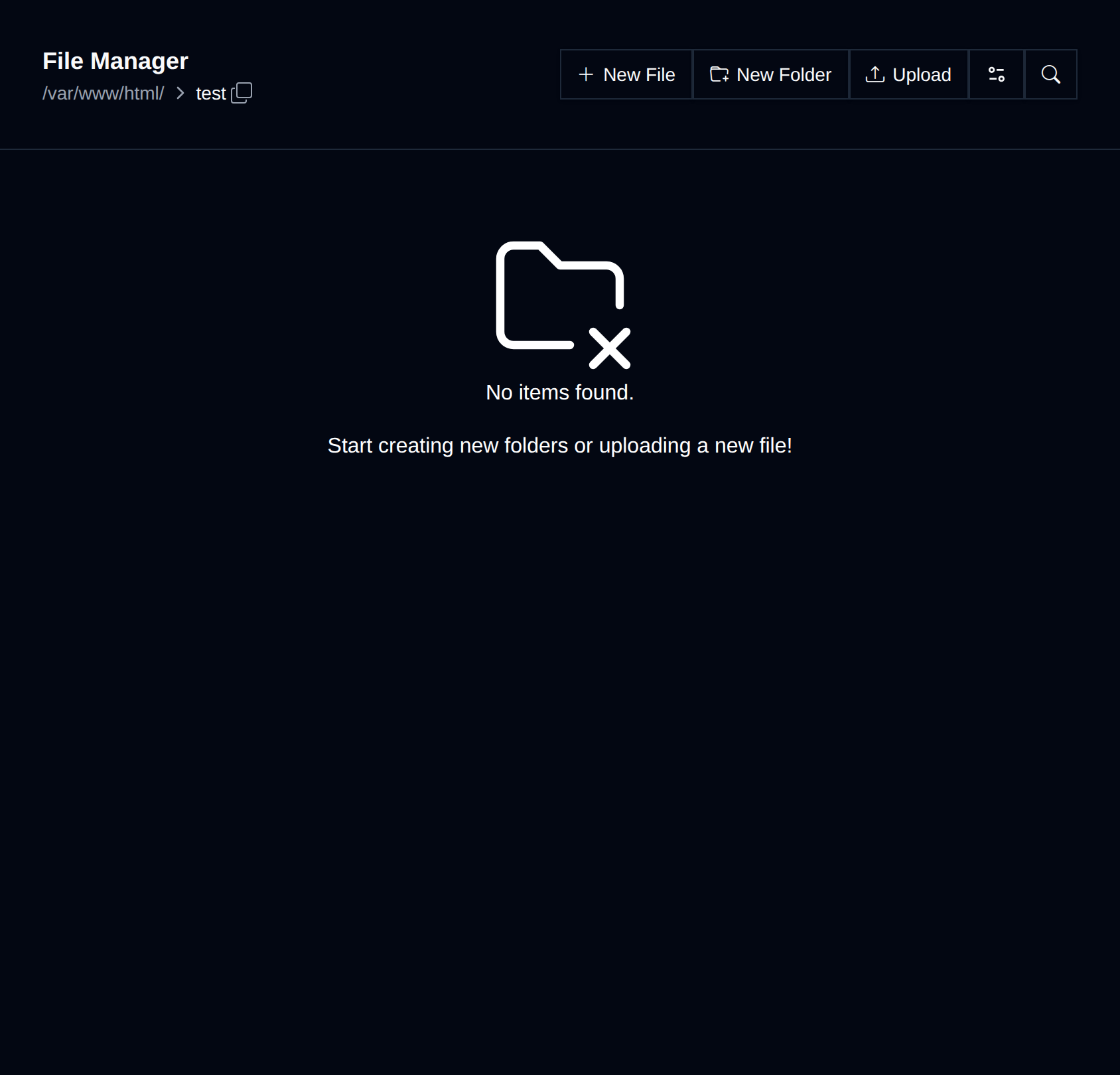 File Manager showing an empty folder with the No items found message