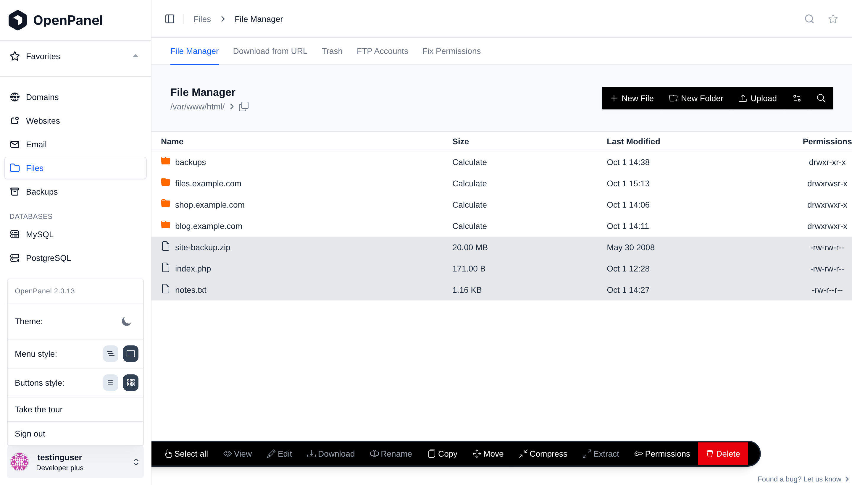 File Manager in Modern button style with three items selected, the floating action bar at the bottom, and the account menu open showing the Buttons style switch