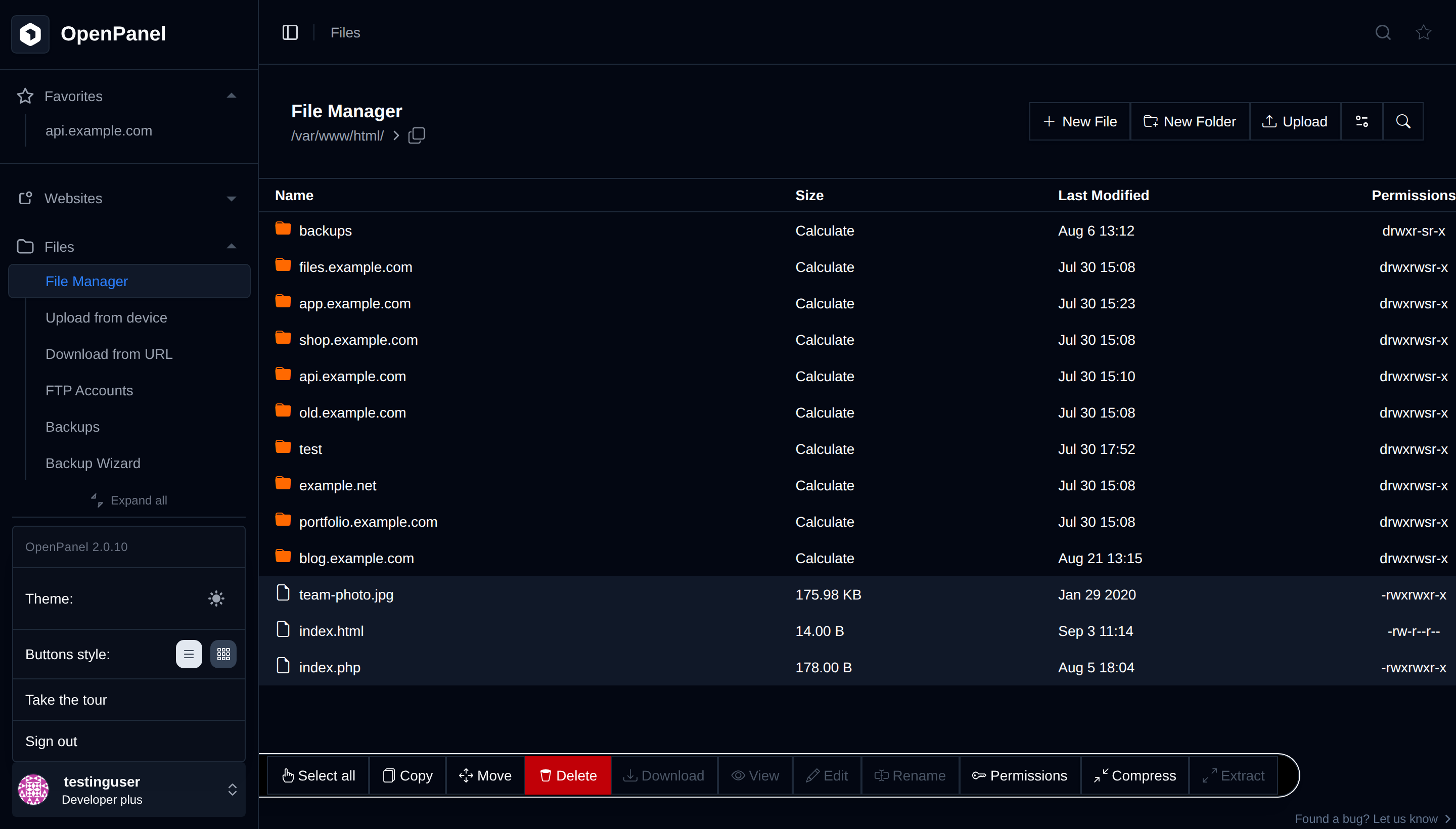 File Manager in Modern button style with three items selected, the floating action bar at the bottom, and the account menu open showing the Buttons style switch