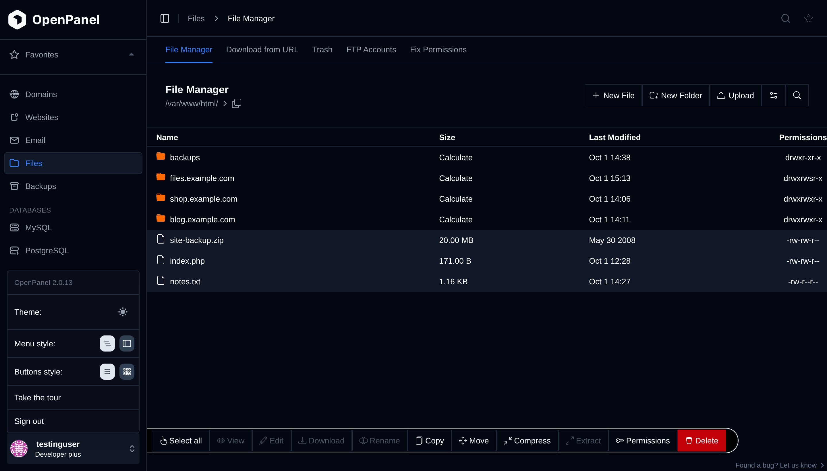 File Manager in Modern button style with three items selected, the floating action bar at the bottom, and the account menu open showing the Buttons style switch