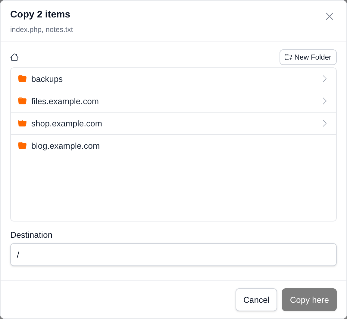 Copy dialog for two selected files with a folder browser, the destination path and the Copy here button